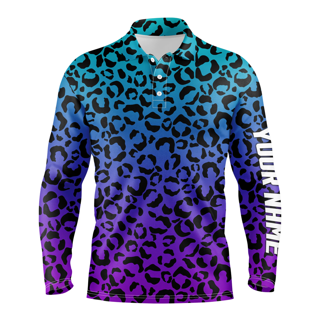 Mens golf polo shirts blue purple neon leopard pattern golf shirt custom name golf wear for mens NQS4992