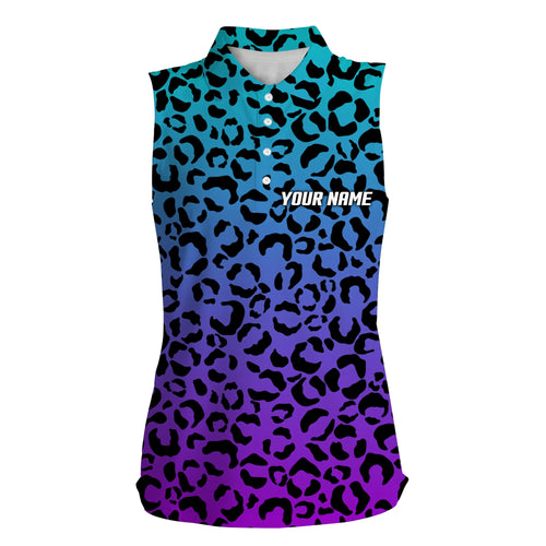 Womens sleeveless polo shirt blue purple neon leopard pattern golf shirt custom sleeveless golf tops NQS4992