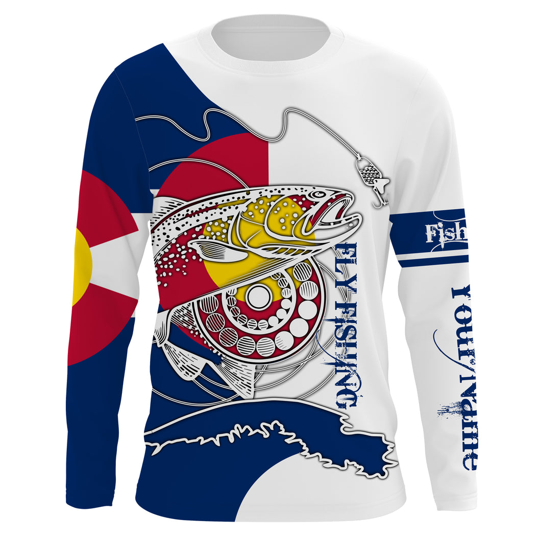colorado flag fishing reel Trout fly fishing reels Colorado flag Custom Name 3D UV Sun protection fly fishing shirts NQS3499, Long sleeves hooded UPF / M