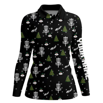 Womens golf polo shirt custom black Christmas pattern disc golf shirt for women, disc golf jerseys NQS6664