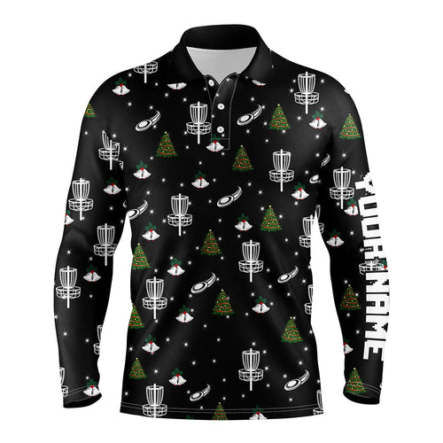 Mens golf polo shirt custom black Christmas pattern disc golf shirt for men, disc golf jerseys NQS6664
