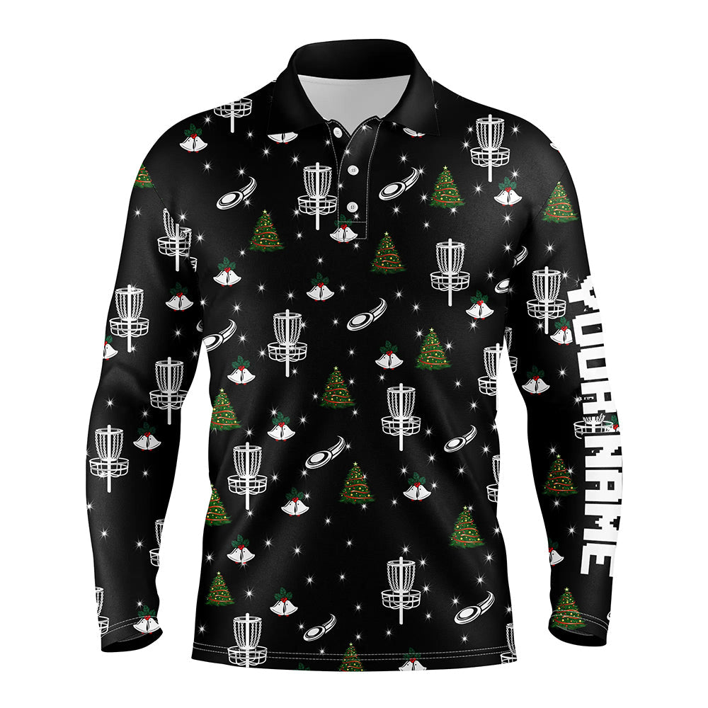 Mens golf polo shirt custom black Christmas pattern disc golf shirt for men, disc golf jerseys NQS6664
