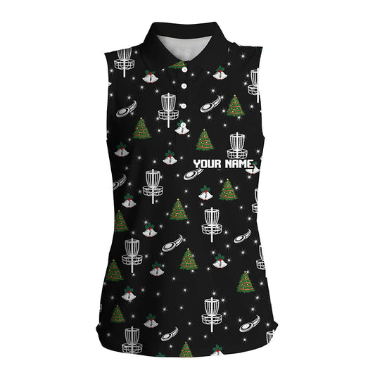 Womens sleeveless polos shirt custom black Christmas pattern disc golf shirt for women, disc jersey NQS6664