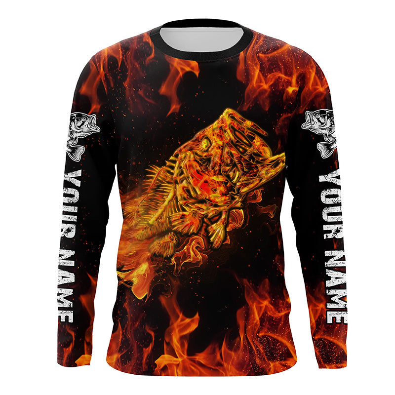 Largemouth bass skull on fire Custom Long sleeve Fishing Shirts, Bass reaper fishing jerseys NQS4597