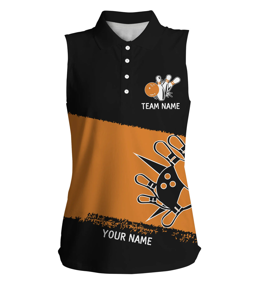 Black orange bowling balls and pins custom team bowling Sleeveless polo shirts, team bowling jerseys NQS4769