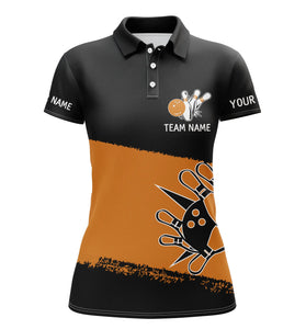 Black orange bowling balls and pins custom team bowling polo shirts for women, team bowling jerseys NQS4769