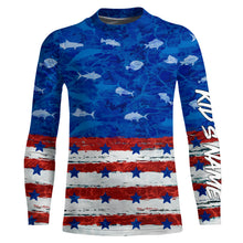 Load image into Gallery viewer, American flag patriotic saltwater fishing blue camo Custom Long Sleeve Tournament Fishing Shirts NQS5009