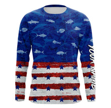 Load image into Gallery viewer, American flag patriotic saltwater fishing blue camo Custom Long Sleeve Tournament Fishing Shirts NQS5009