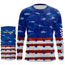 Load image into Gallery viewer, American flag patriotic saltwater fishing blue camo Custom Long Sleeve Tournament Fishing Shirts NQS5009