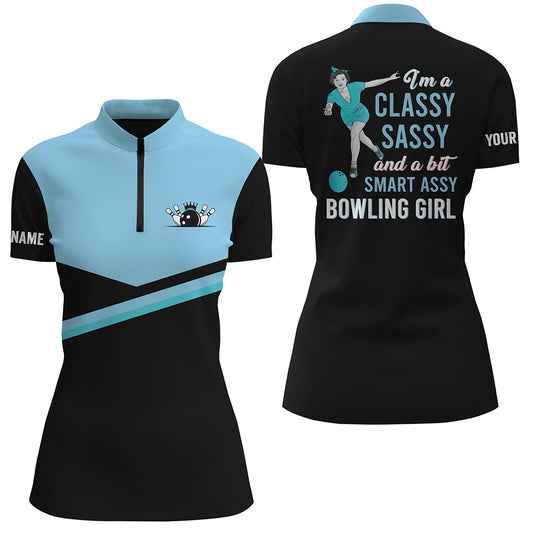Custom black blue bowling shirt for women – personalized team jersey front view
