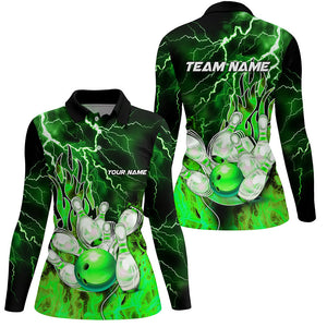 Women Bowling Polo Shirts Custom green lightning thunder Bowling Team Jersey, gift for team Bowlers NQS7065