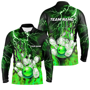 Men Bowling Polo Shirt Custom green lightning thunder Bowling Team Jersey, gift for team Bowlers NQS7065