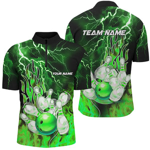 Men Bowling Quarter Zip Shirt Custom green lightning thunder Bowling Team Jersey, gift for Bowlers NQS7065