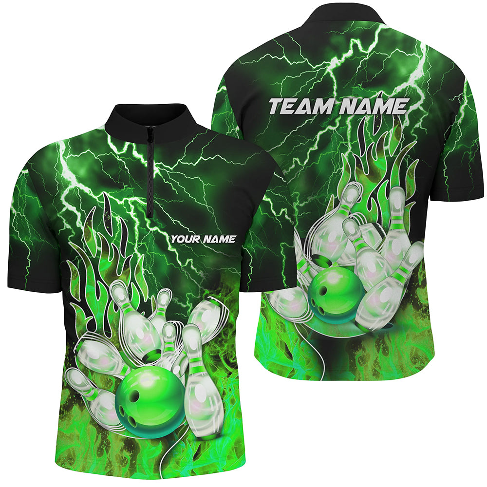 Men Bowling Quarter Zip Shirt Custom green lightning thunder Bowling Team Jersey, gift for Bowlers NQS7065