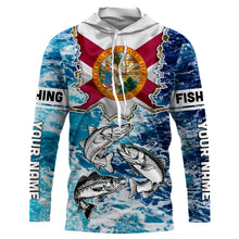 Load image into Gallery viewer, Florida Flag Redfish, trout, snook blue wave camo custom name performance long sleeve fishing shirts NQS4771