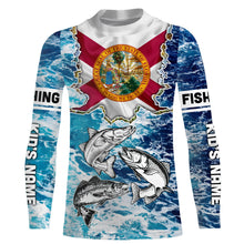 Load image into Gallery viewer, Florida Flag Redfish, trout, snook blue wave camo custom performance long sleeve fishing shirts NQS4771