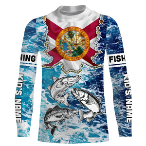 Florida Flag Redfish, trout, snook blue wave camo custom performance long sleeve fishing shirts NQS4771