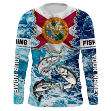 Load image into Gallery viewer, Florida Flag Redfish, trout, snook blue wave camo custom name performance long sleeve fishing shirts NQS4771