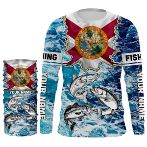 Florida Flag Redfish, trout, snook blue wave camo custom performance long sleeve fishing shirts NQS4771