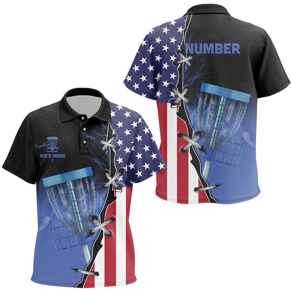 Blue flame Kid Disc golf polo shirts custom American flag disc golf jerseys, frisbee golf shirts NQS7330