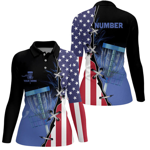 Blue flame Womens Disc golf polo shirts custom American flag disc golf jerseys, disc golf shirts NQS7330