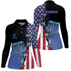 Blue flame Womens Disc golf polo shirts custom American flag disc golf jerseys, frisbee golf shirts NQS7330