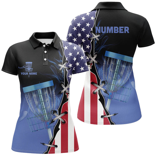 Blue flame Womens Disc golf polo shirts custom American flag disc golf jerseys, frisbee golf shirts NQS7330