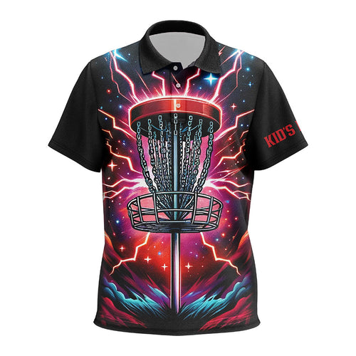 Kid Disc golf polo shirts custom red lightning thunder disc golf jerseys, disc golf outfit NQS7332