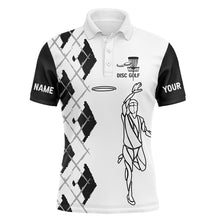 Load image into Gallery viewer, Black and white Mens disc golf polo shirt Custom name Disc Golfer shirt, gift for Disc golf lovers NQS5315