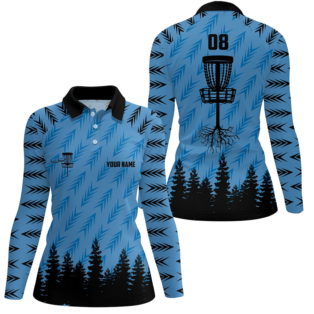 Womens disc golf polo shirt custom disc golf basket camo Woods lady disc golf jerseys | Blue NQS6438