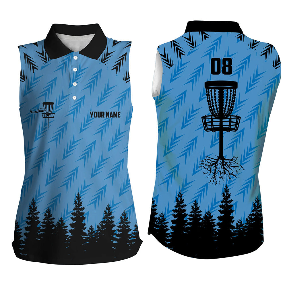 Womens disc golf sleeveless polo shirt custom disc golf basket camo Woods lady disc golf jersey| Blue NQS6438