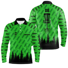 Load image into Gallery viewer, Mens disc golf polo shirt custom name, number disc golf basket camo Woods mens disc golf jersey| Green NQS6439