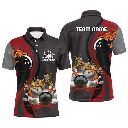 Mens Bowling polo Shirt Custom flame bowling ball pins Bowler Jerseys for mens | Red NQS6448
