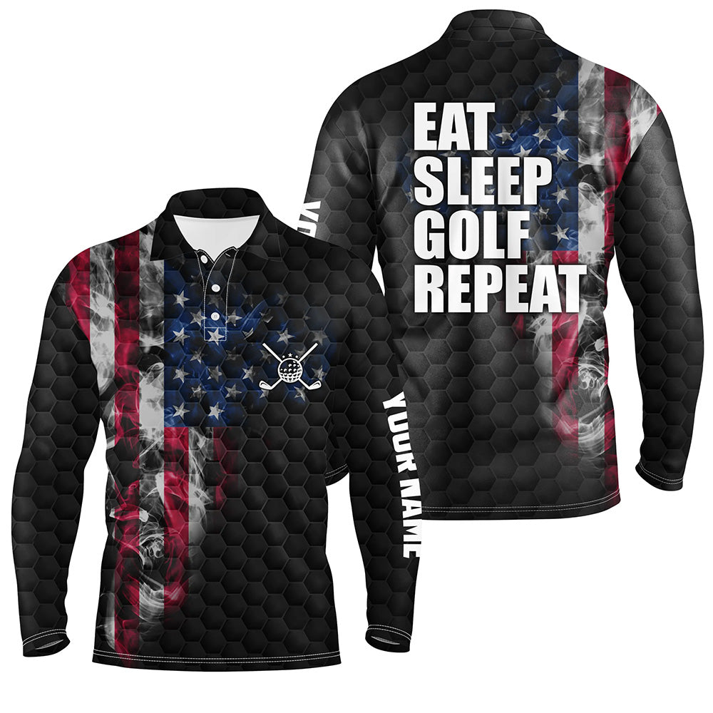 Black Mens golf polo shirts custom smoke American flag Eat sleep golf repeat, patriotic golf shirts NQS6686