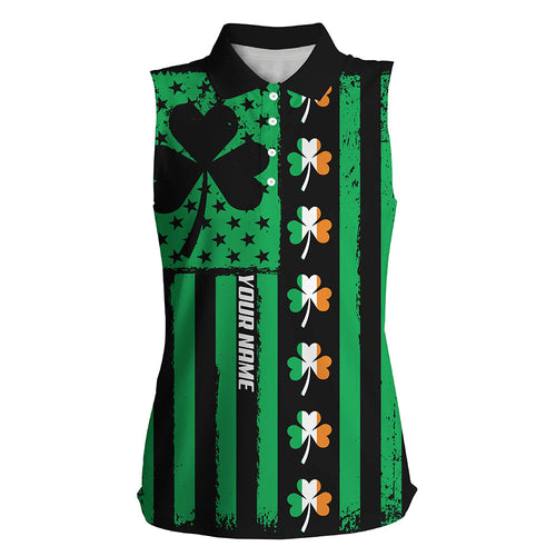 St Patrick day American flag green clover Women sleeveless golf polo shirt, custom ladies golf tops NQS7072