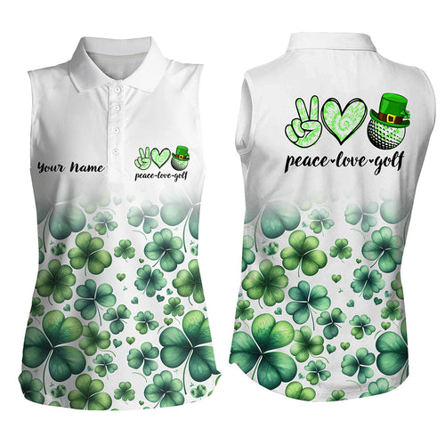 Womens sleeveless polo shirt custom green clover St Patrick's Day peace love golf, womens golf tops NQS7182