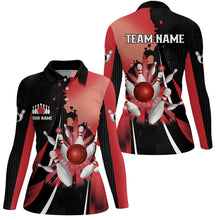 Load image into Gallery viewer, Black and red retro Women bowling polo shirts Custom bowling ball and pins Team bowling Jerseys NQS7336