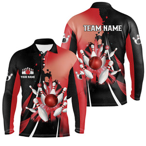 Black and red retro Mens Bowling polo shirts Custom bowling ball and pins Team bowling Jerseys NQS7336