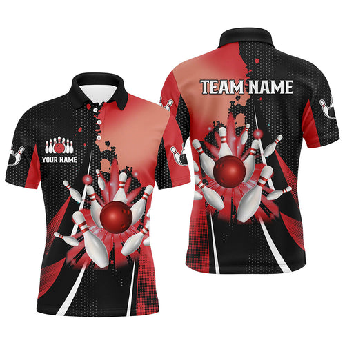 Black and red retro Mens Bowling polo shirts Custom bowling ball and pins Team bowling Jerseys NQS7336