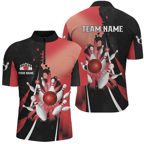 Black and red retro Men bowling Quarter Zip shirts Custom bowling ball and pins Team bowling Jerseys NQS7336