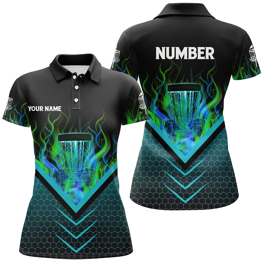 Black and green fire Womens Disc golf polo shirts custom flame disc golf basket jerseys NQS7337