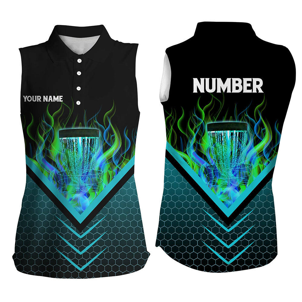 Black and green fire Women sleeveless polo shirts custom flame disc golf basket jerseys NQS7337