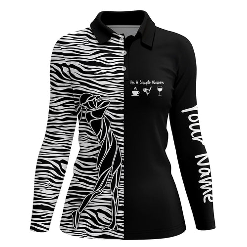 Black Womens golf polo shirt custom I'm a simple women coffee golf wine zebra pattern ladies golf tops NQS5322