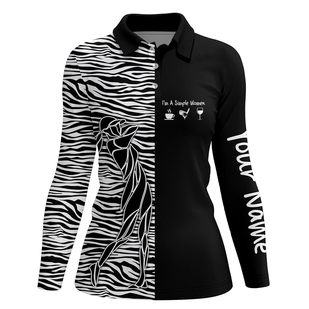 Black Womens golf polo shirt custom I'm a simple women coffee golf wine zebra pattern ladies golf tops NQS5322
