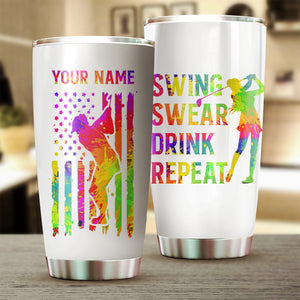 Watercolor American flag custom name swing swear repeat Stainless Steel Tumbler Cup - Golfing gifts NQS3968