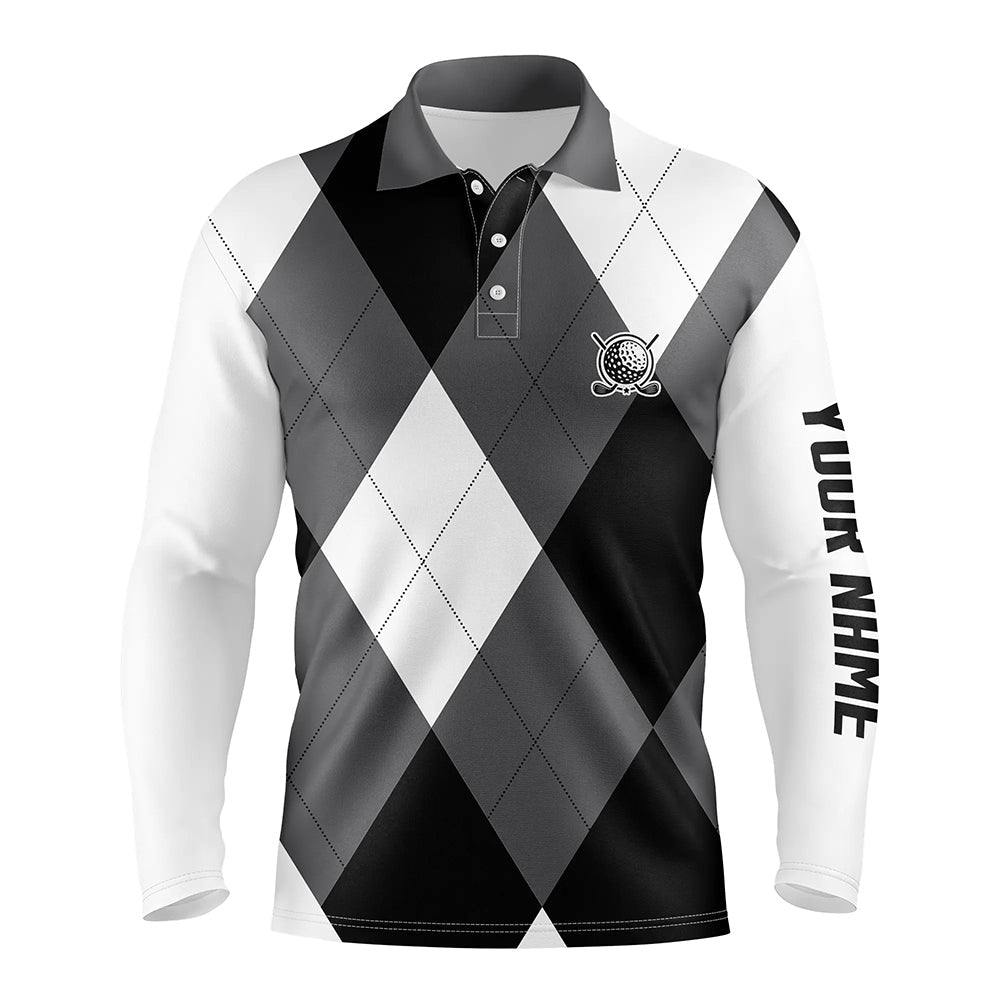 Mens golf polos shirts custom name black and white golf pattern, personalized golf gifts NQS6454