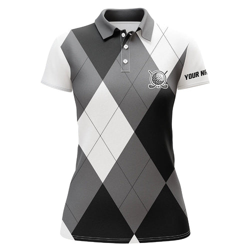 Womens golf polos shirts custom name black and white golf pattern, personalized golf gifts NQS6454