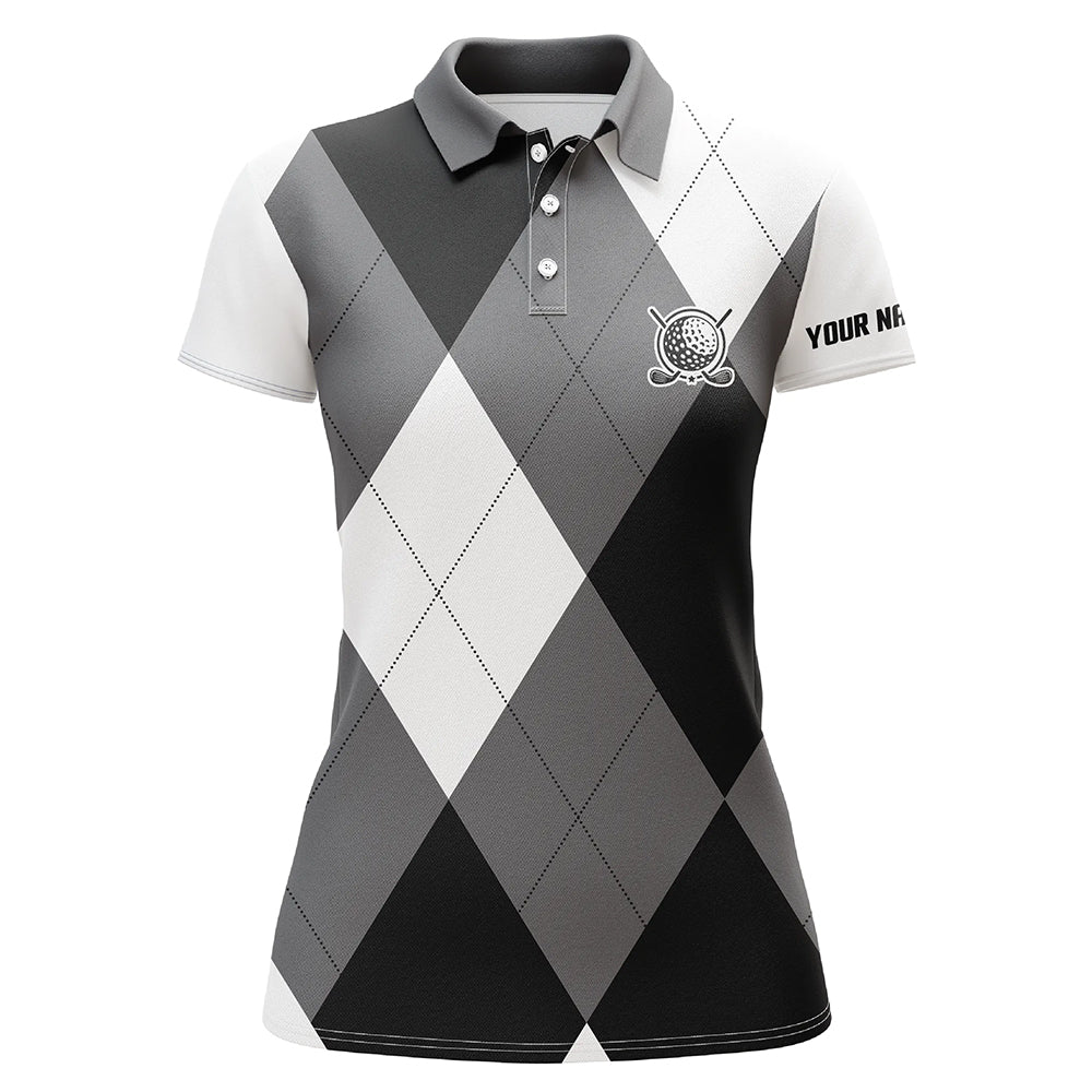 Womens golf polos shirts custom name black and white golf pattern, personalized golf gifts NQS6454