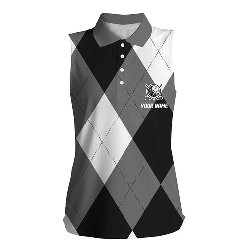 Womens sleeveless polo shirt custom name black and white golf pattern, personalized golf gifts NQS6454