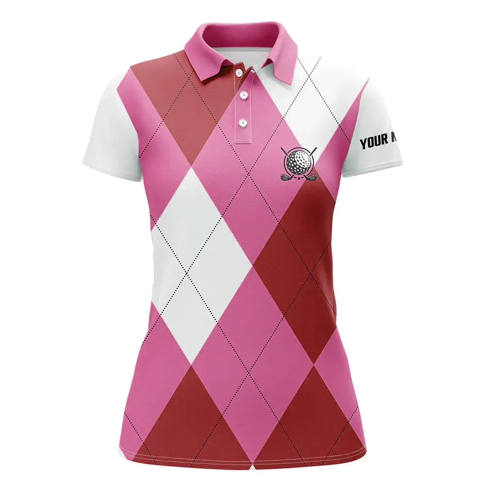 Womens golf polos shirts custom name pink and white golf argyle plaid pattern, personalized golf gifts NQS6455